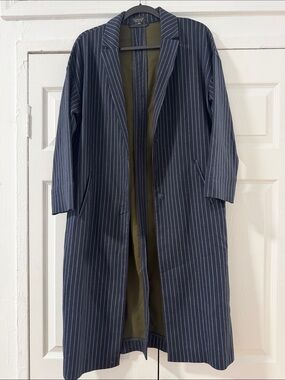 Topshop Navy Pinstripe Longline Coat with Olive Lining